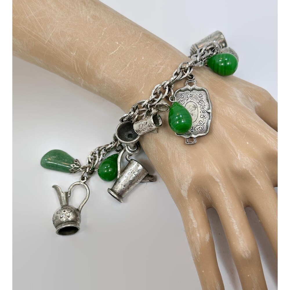 Vintage Silver Tone Charm Bracelet: Drinking Vessels, Jadeite Glass, 1950s-60s
